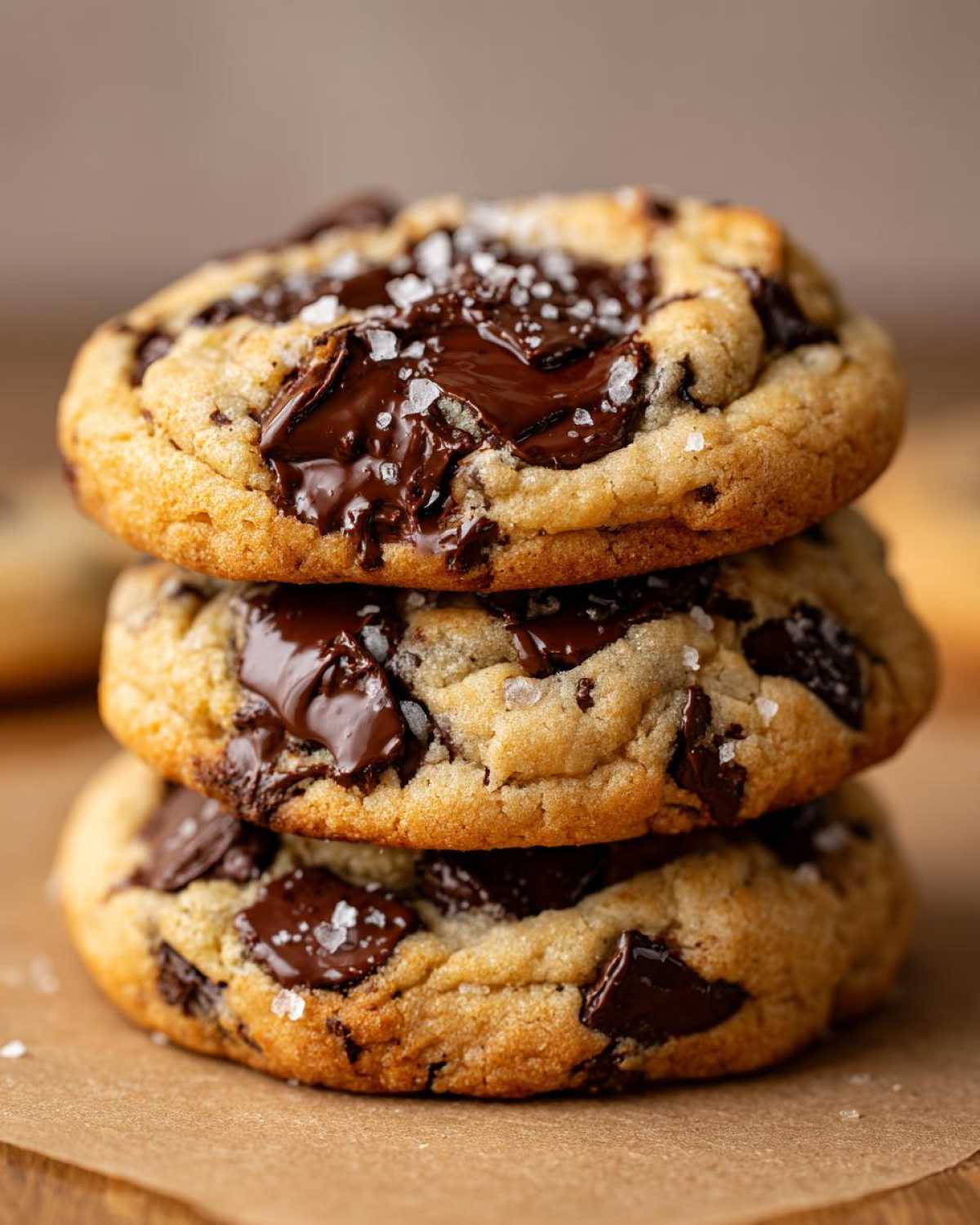 A stack of three thick, gooey chocolate chip cookies topped with melted chocolate and flaky sea salt.