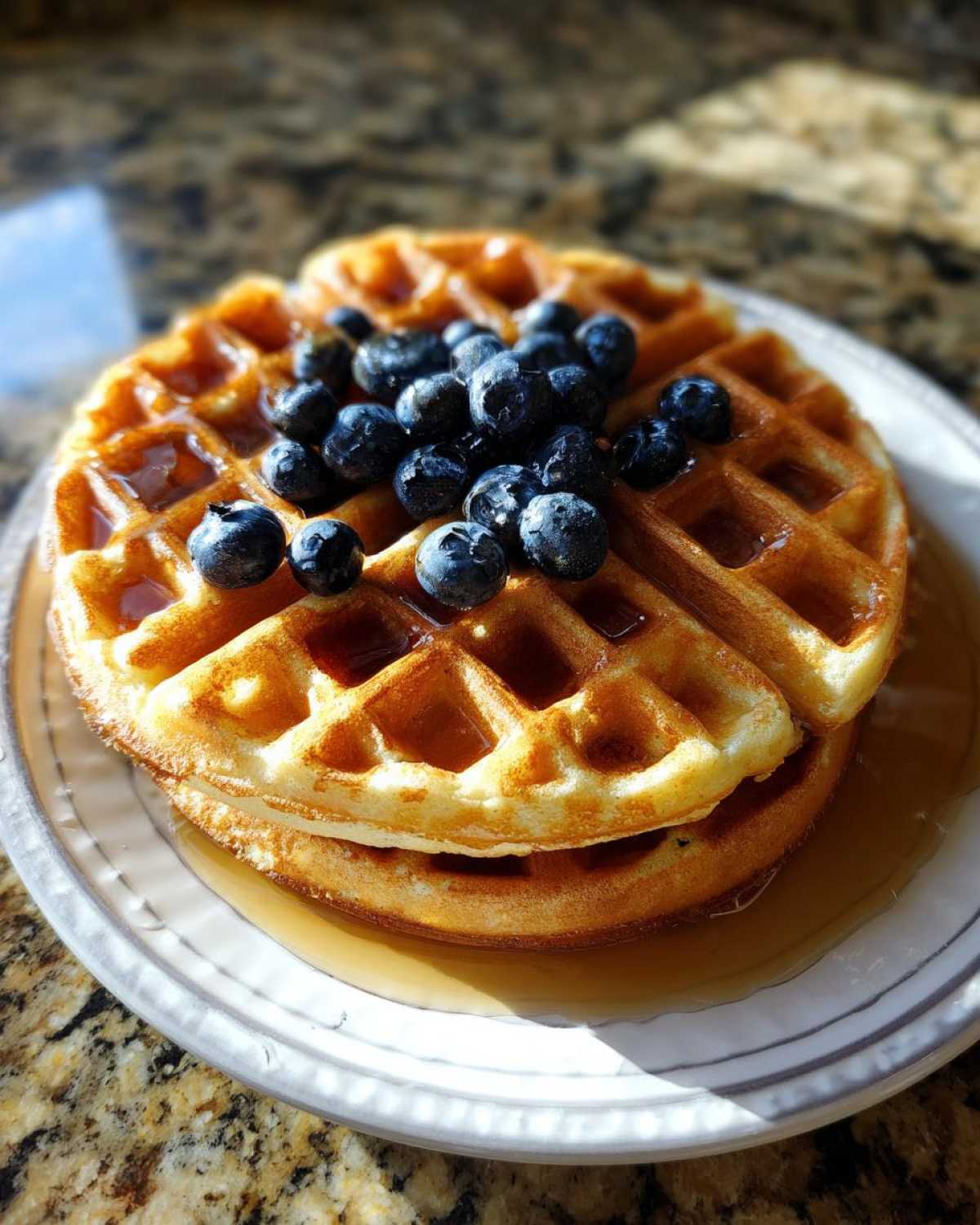 A stack of golden brown high protein waffles topped with fresh blueberries and drizzled with syrup.