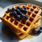A stack of golden brown high protein waffles topped with fresh blueberries and drizzled with syrup.