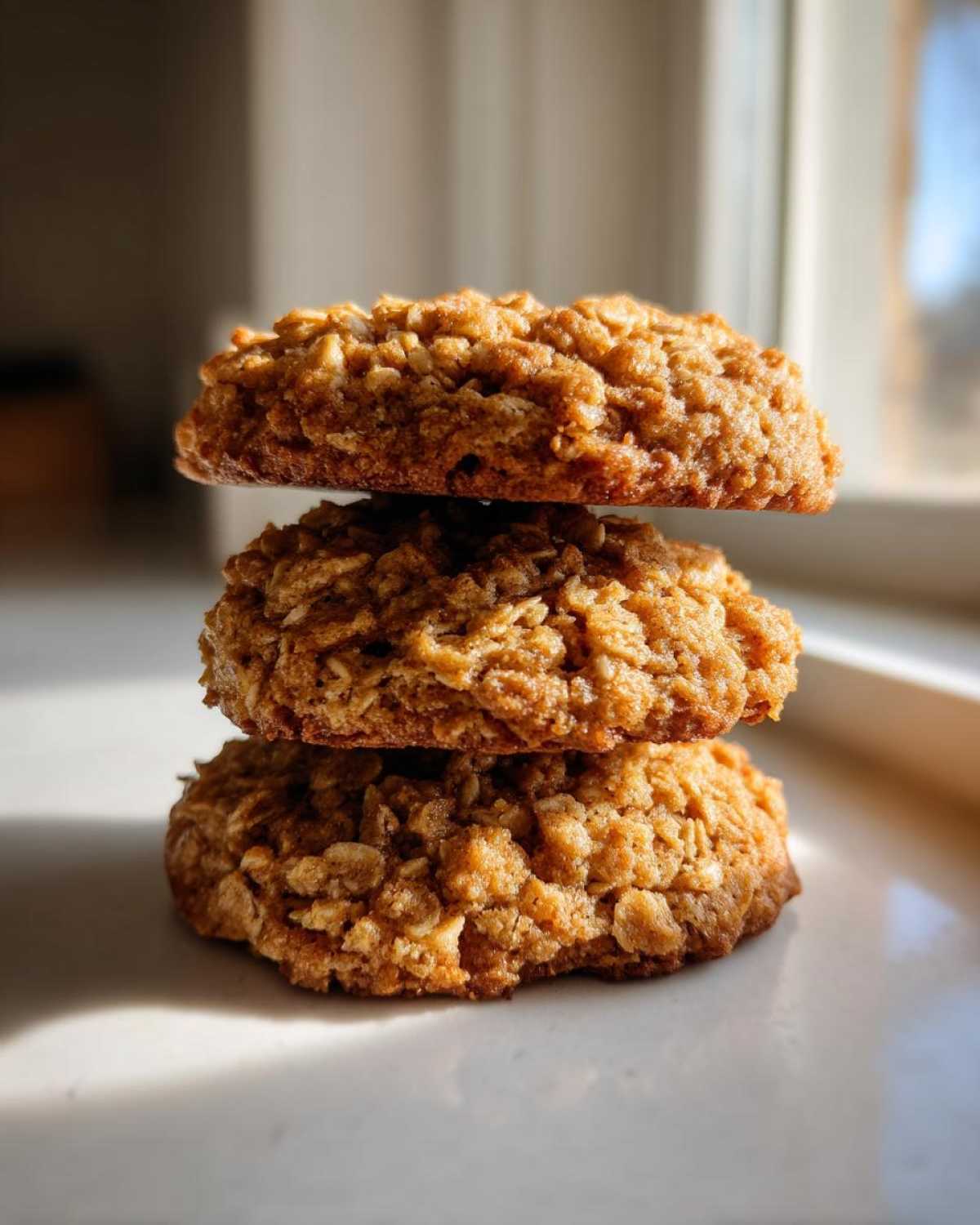 A vertical stack of three golden brown, textured oatmeal cookie treats catching the sunlight.