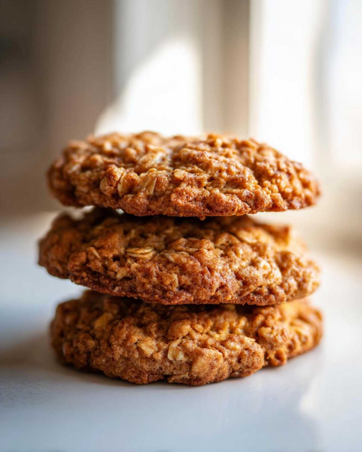 A close-up stack of three chewy, golden brown oatmeal cookie treats against a bright, soft background.