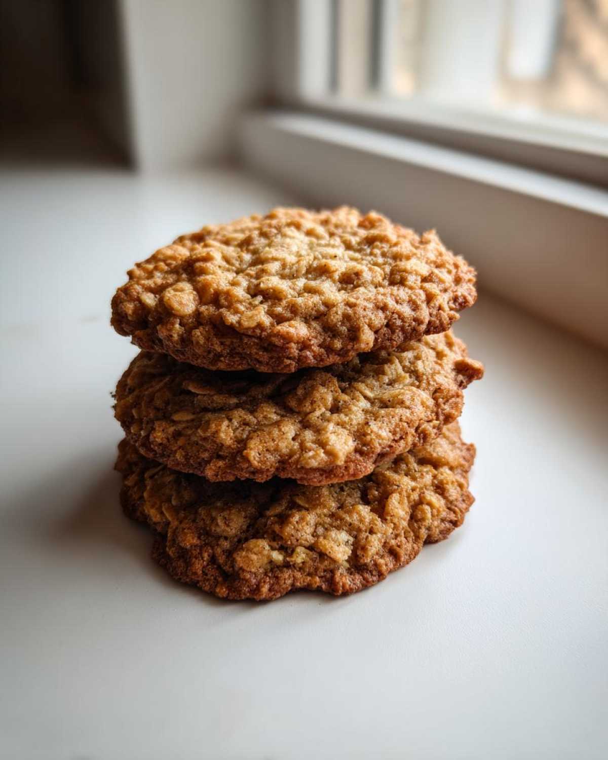 A stack of three freshly baked, chewy oatmeal cookie treats resting on a white surface near a window.