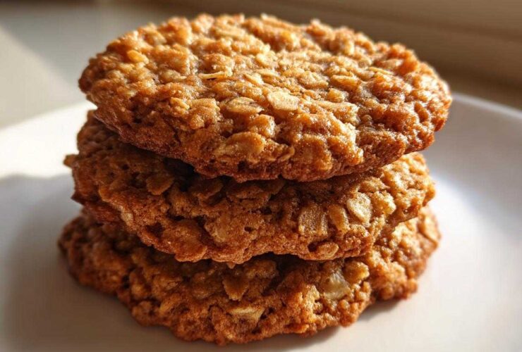 A close-up stack of three golden brown, chewy oatmeal cookie treats glistening in natural light.