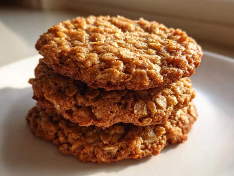 A close-up stack of three golden brown, chewy oatmeal cookie treats glistening in natural light.
