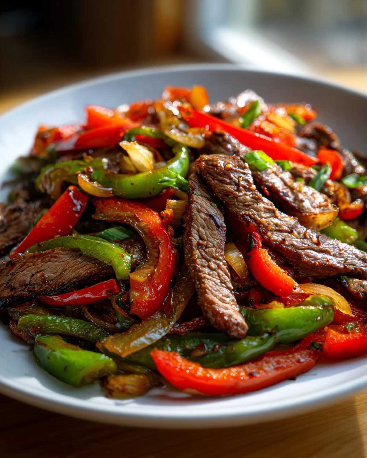 Close-up of perfectly cooked steak fajitas featuring strips of seasoned beef mixed with vibrant red and green bell peppers and onions.