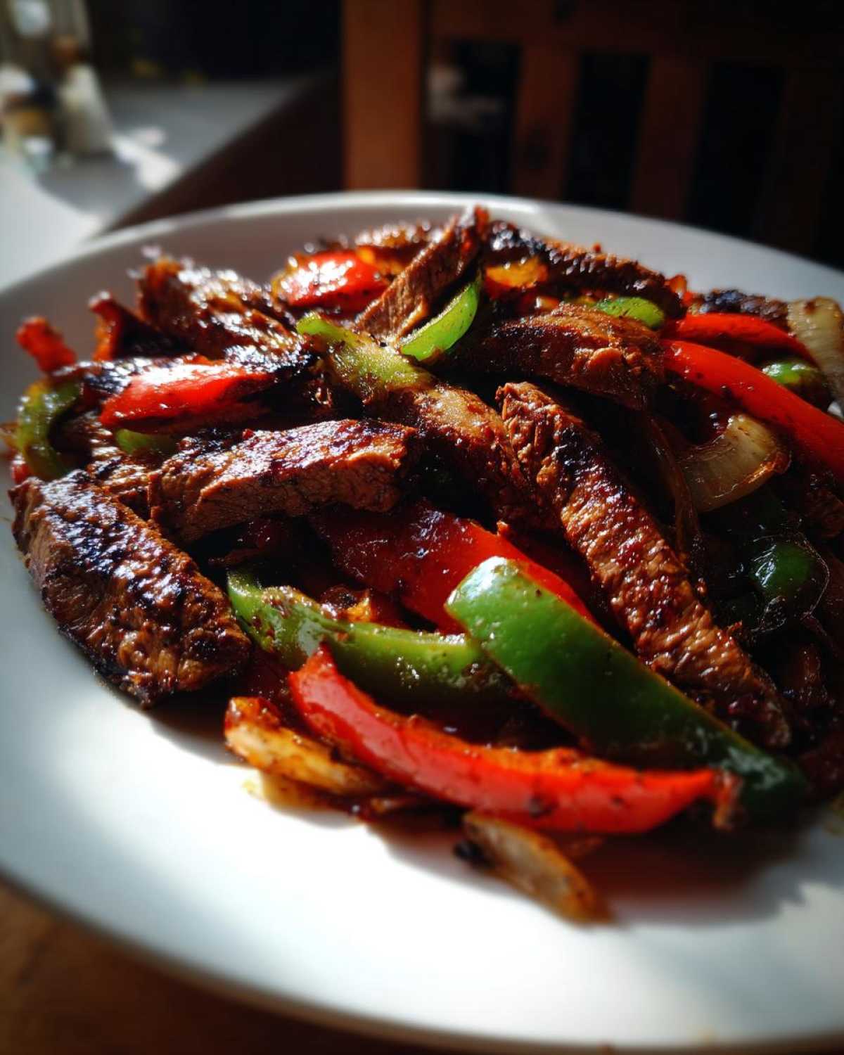 Close-up of sizzling steak fajitas mixed with bright red and green bell peppers on a white plate.