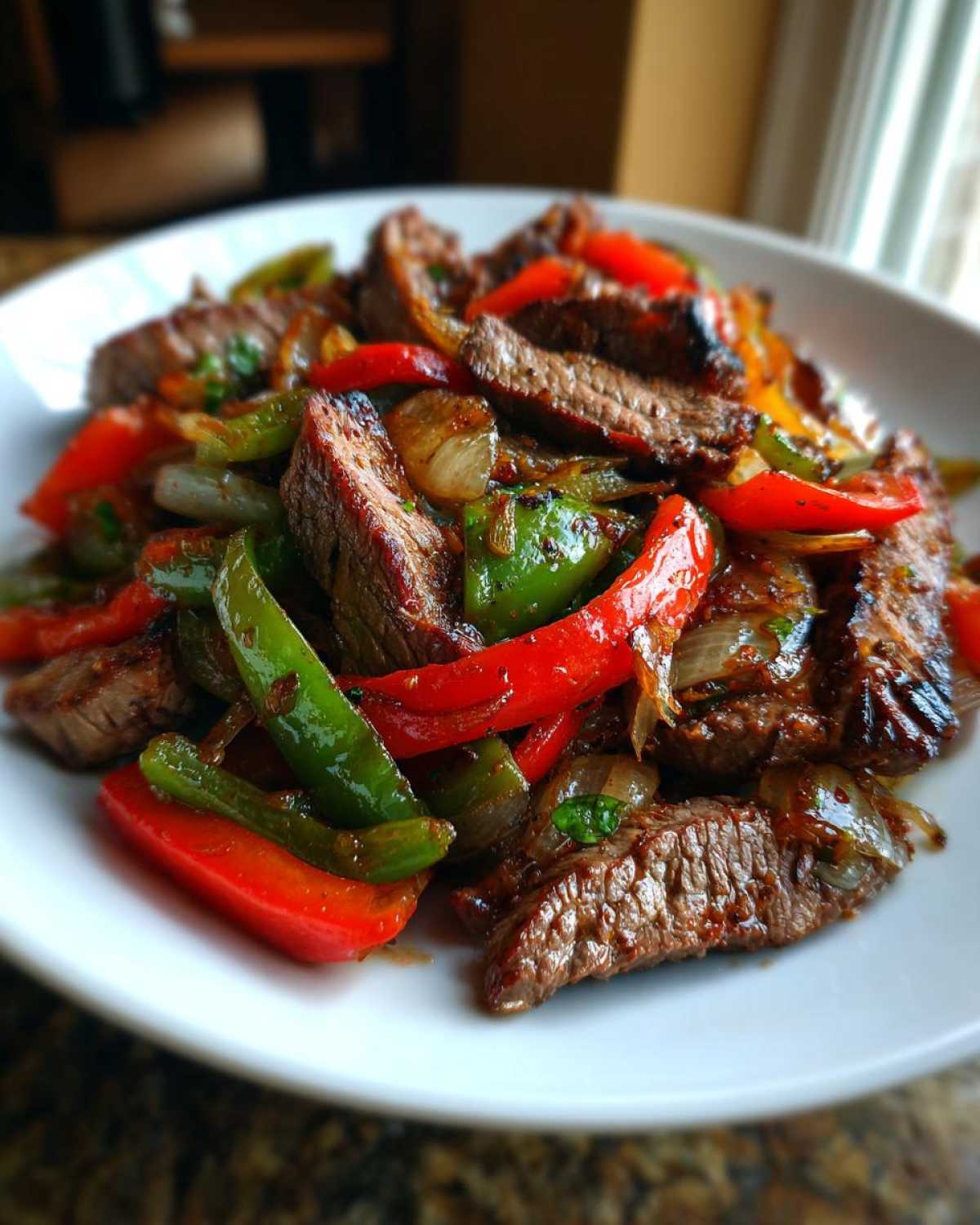 Close-up of perfectly cooked steak fajitas featuring sliced steak, red and green bell peppers, and onions on a white plate.