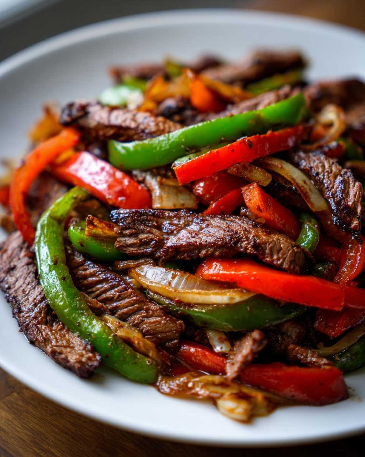Close-up of perfectly cooked steak fajitas mixed with vibrant red and green bell peppers and caramelized onions.