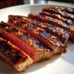 Slices of medium-rare steak showing a beautiful sear, prepared with carne asada marinade, resting on a white plate.