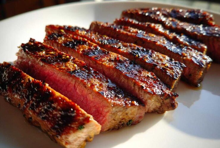 Slices of medium-rare steak showing a beautiful sear, prepared with carne asada marinade, resting on a white plate.