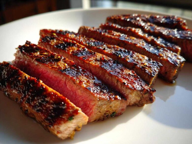Slices of medium-rare steak showing a beautiful sear, prepared with carne asada marinade, resting on a white plate.