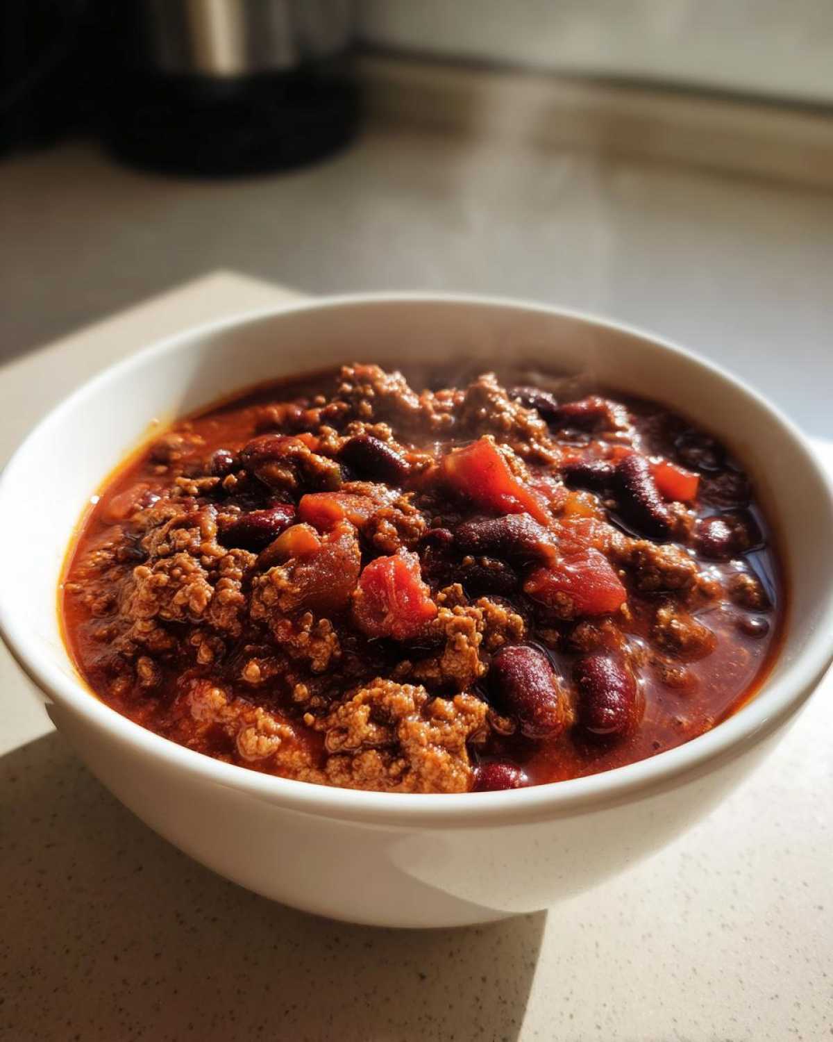 Close-up of a steaming white bowl filled with rich, hearty crockpot chili featuring ground meat and kidney beans.
