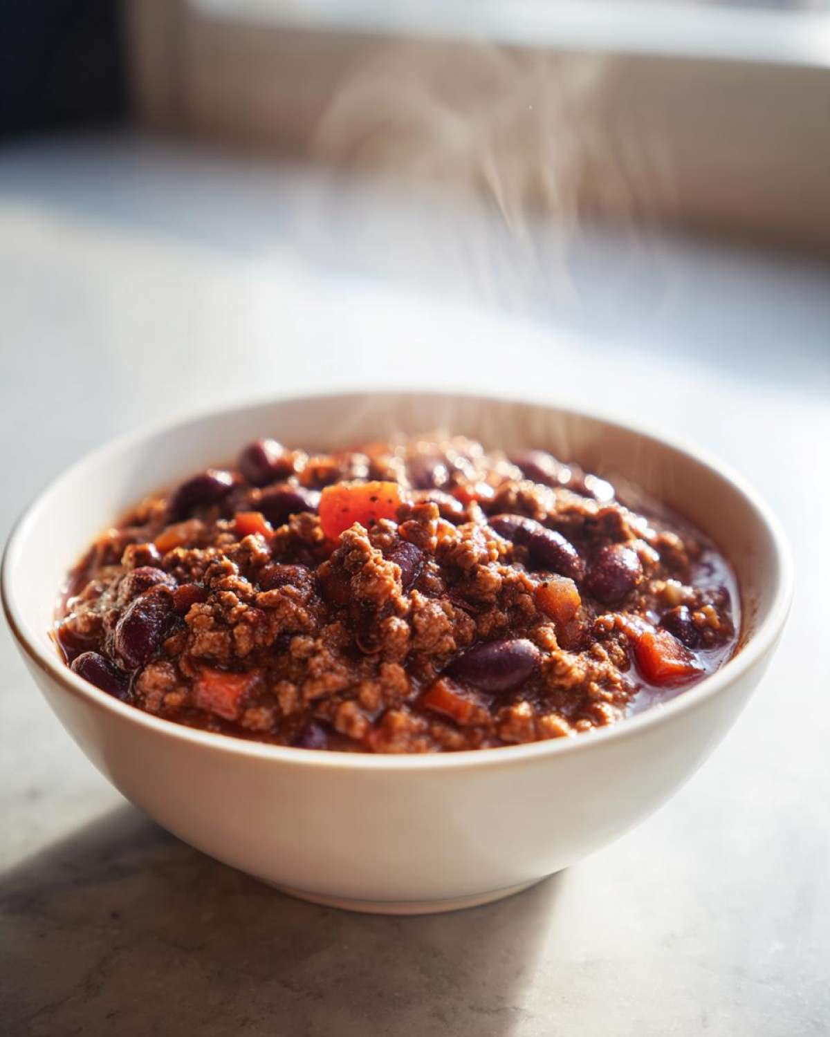 Close-up of a steaming white bowl filled with rich, hearty crockpot chili featuring ground meat and kidney beans.