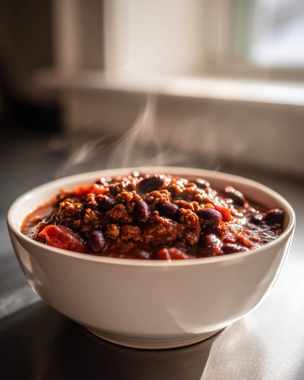 A close-up of a steaming white bowl filled with rich, meaty crockpot chili featuring kidney beans.