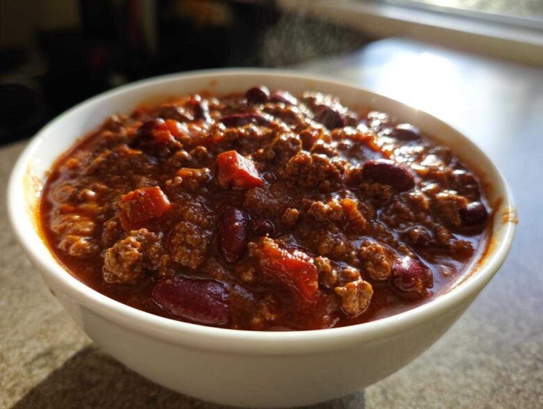 Close-up of a steaming white bowl filled with rich, hearty crockpot chili featuring ground meat and kidney beans.