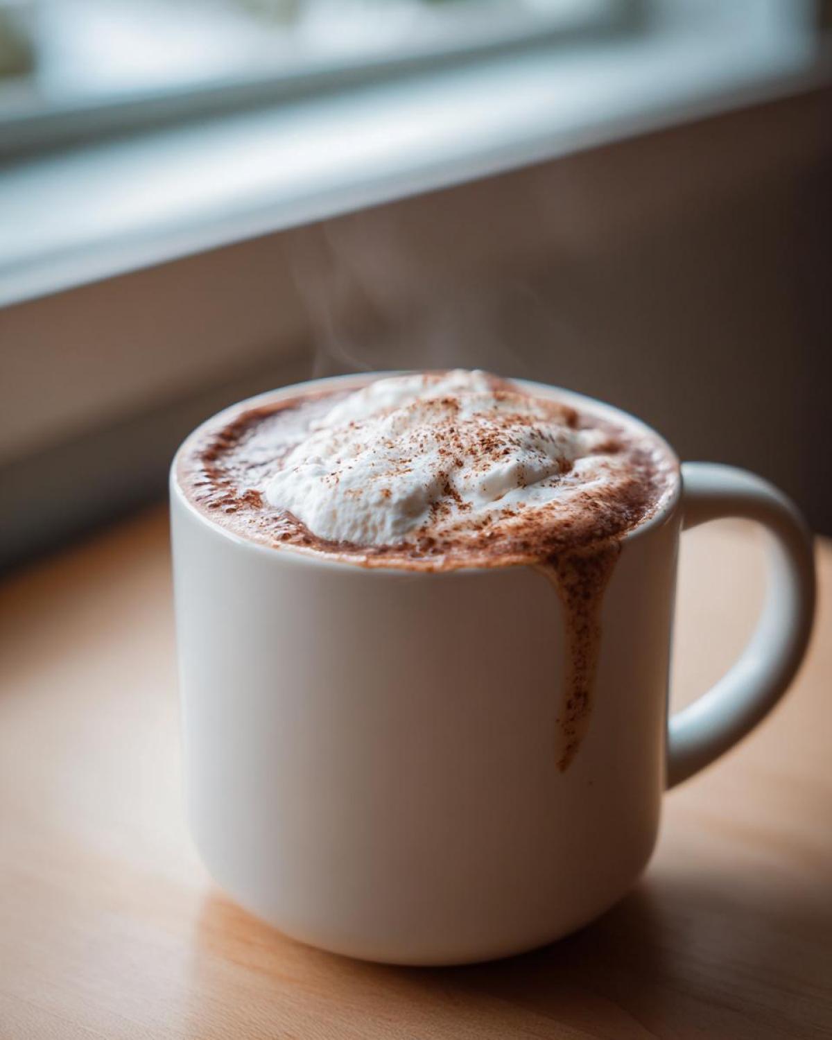 Close-up of a steaming white mug filled with rich hot cocoa mix topped with whipped cream and cocoa powder.