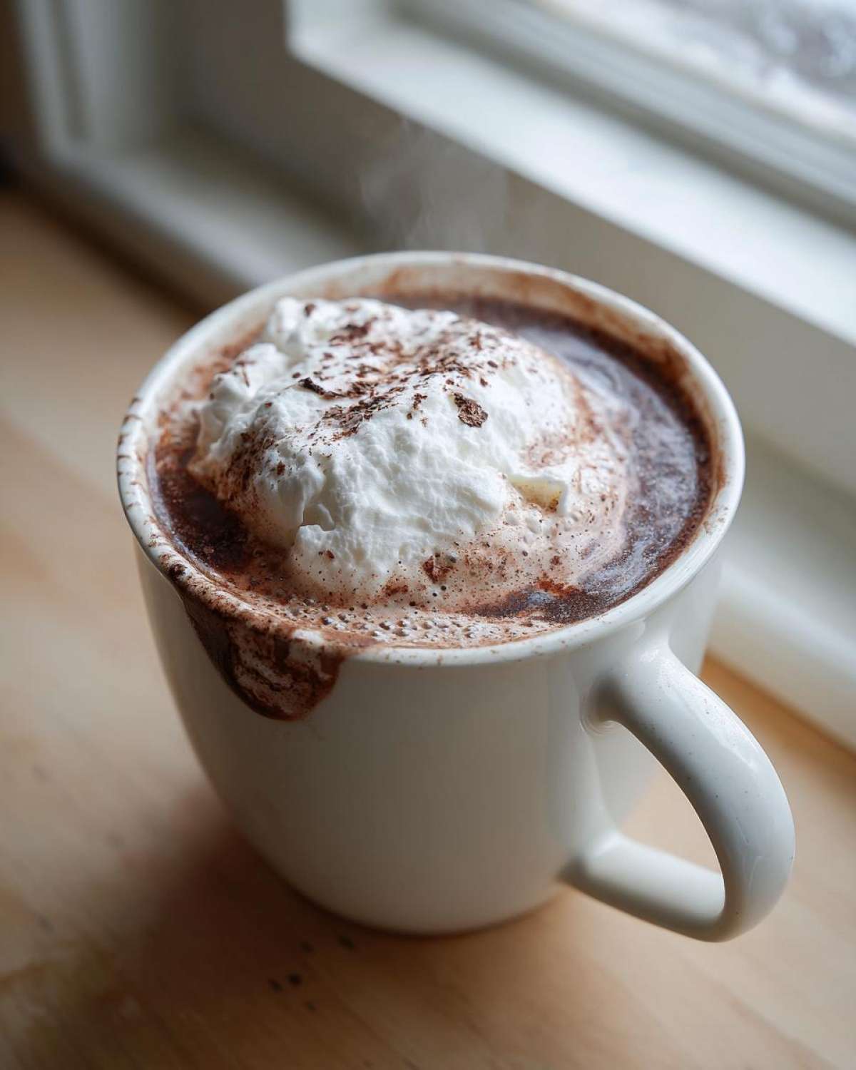 Close-up of a steaming white mug filled with rich hot cocoa mix topped with whipped cream and chocolate shavings.