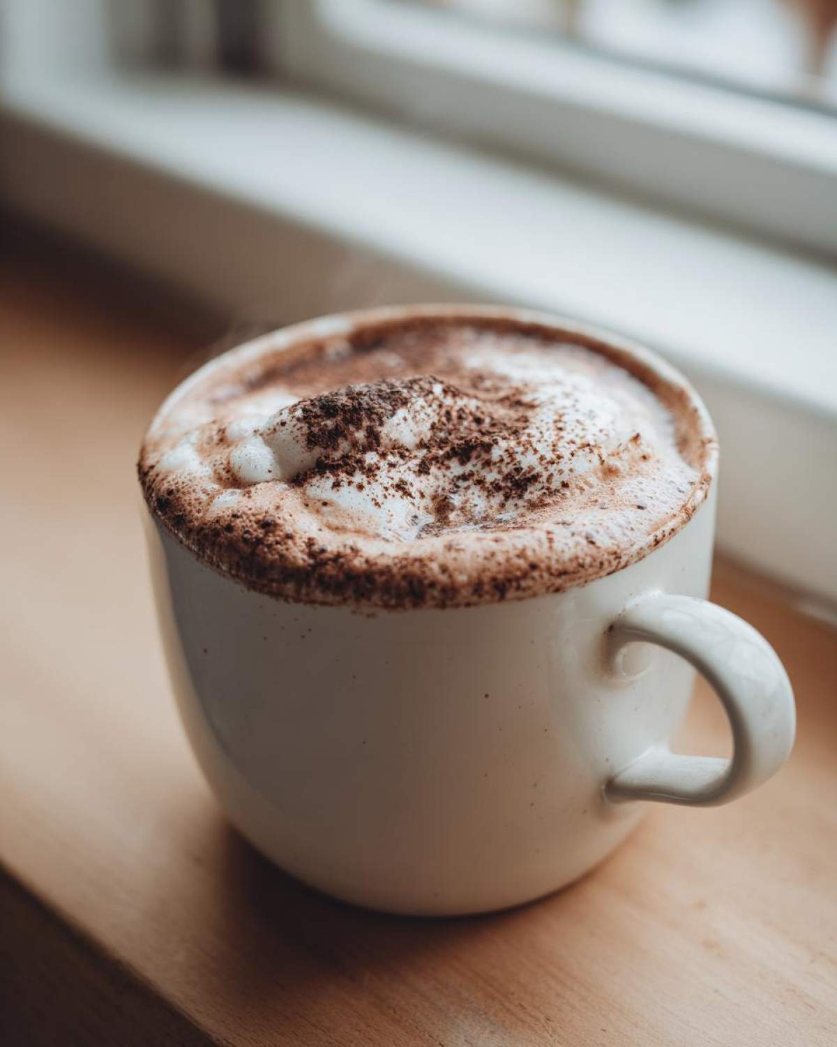 Close-up of a white mug filled with rich hot cocoa mix, topped with foam and cocoa powder.