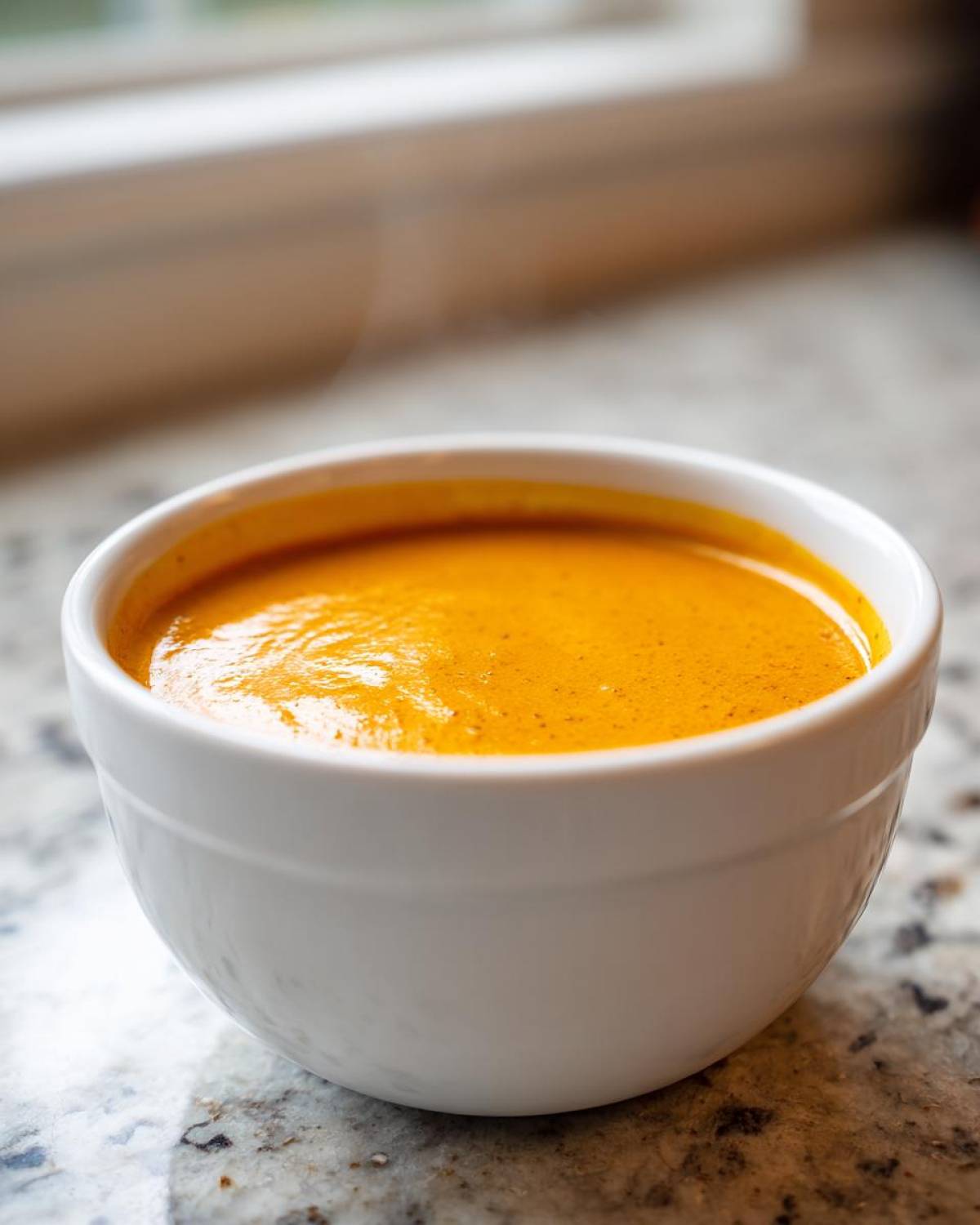 Close-up of a small white bowl filled with hot, vibrant orange nacho cheese sauce.