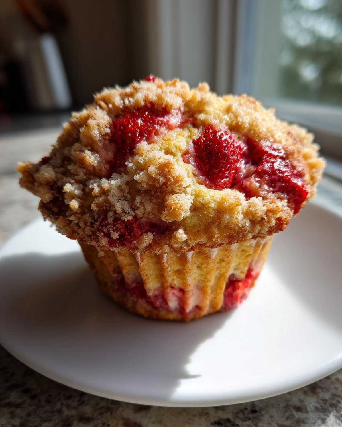 A single, freshly baked strawberry muffins topped with a golden crumb topping, sitting on a white plate.