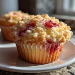 A close-up of a freshly baked strawberry muffin with a golden crumb topping sitting on a white plate.