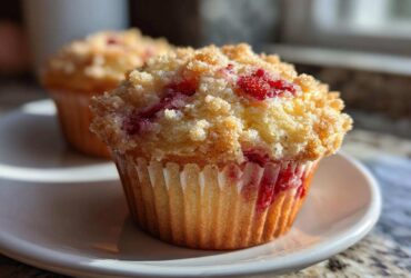 A close-up of a freshly baked strawberry muffin with a golden crumb topping sitting on a white plate.