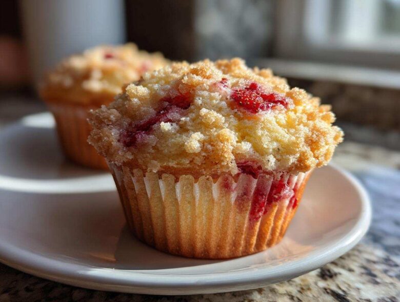 A close-up of a freshly baked strawberry muffin with a golden crumb topping sitting on a white plate.