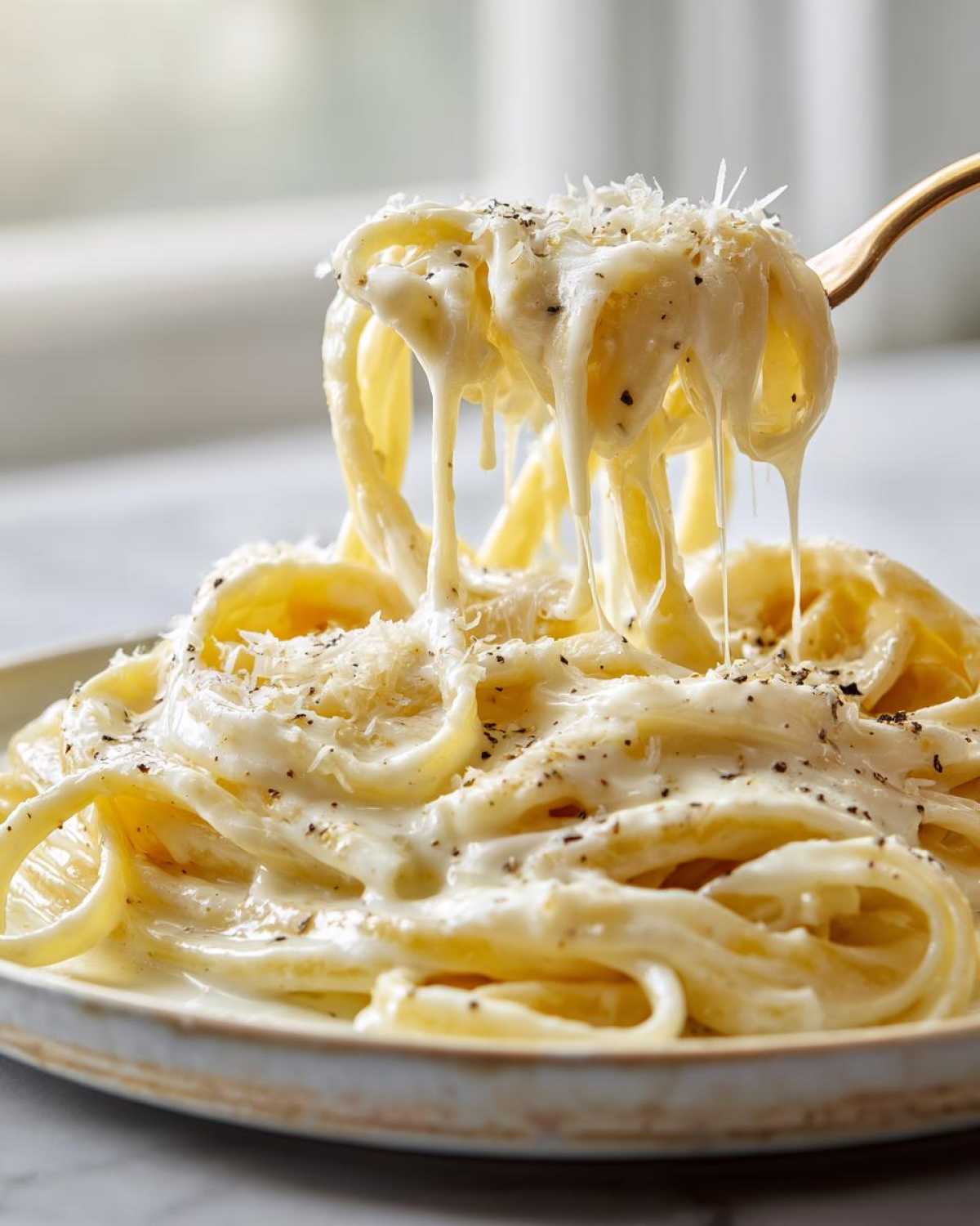 A fork lifts fettuccine coated in rich, creamy homemade alfredo sauce, showing a cheese pull.