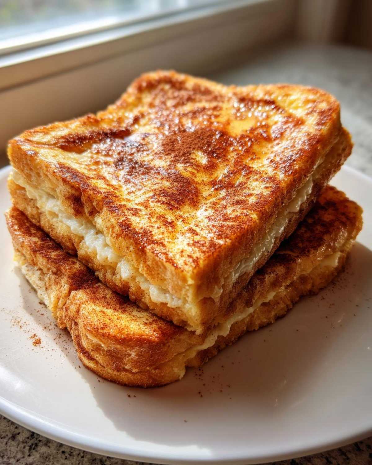 Two stacked slices of golden brown easy french toast, stuffed with cream cheese and dusted heavily with cinnamon.