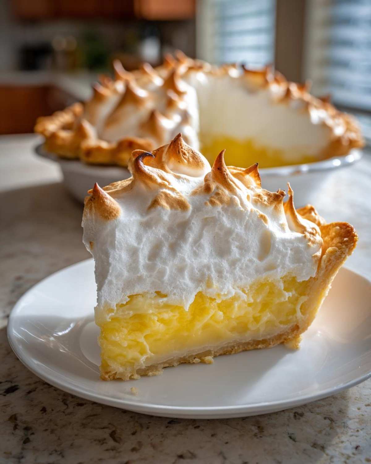 A perfect slice of lemon meringue pie showing a thick layer of bright yellow filling and tall, toasted meringue peaks.