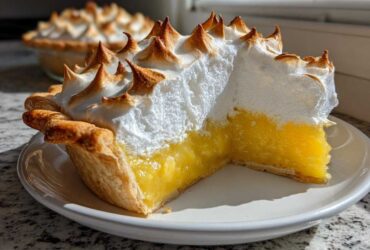 A cross-section slice of bright yellow lemon meringue pie showing the thick, glossy filling and tall, torched meringue peaks.