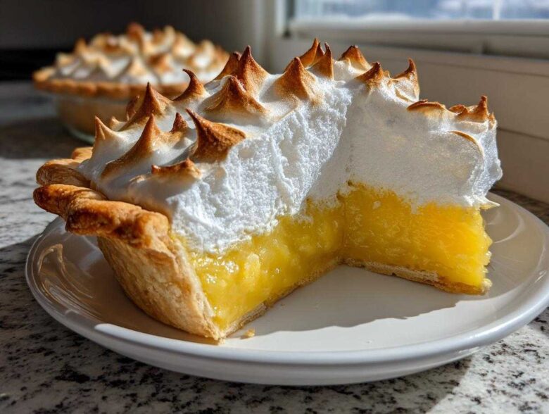 A cross-section slice of bright yellow lemon meringue pie showing the thick, glossy filling and tall, torched meringue peaks.
