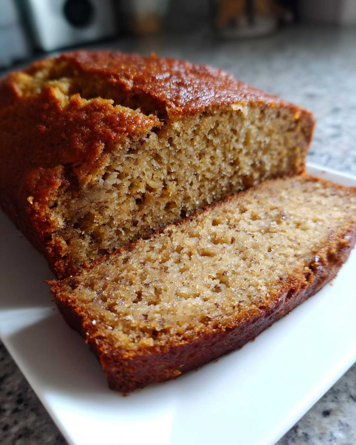 Close-up of a moist, golden brown sugar free banana bread loaf with one slice cut and resting beside it.
