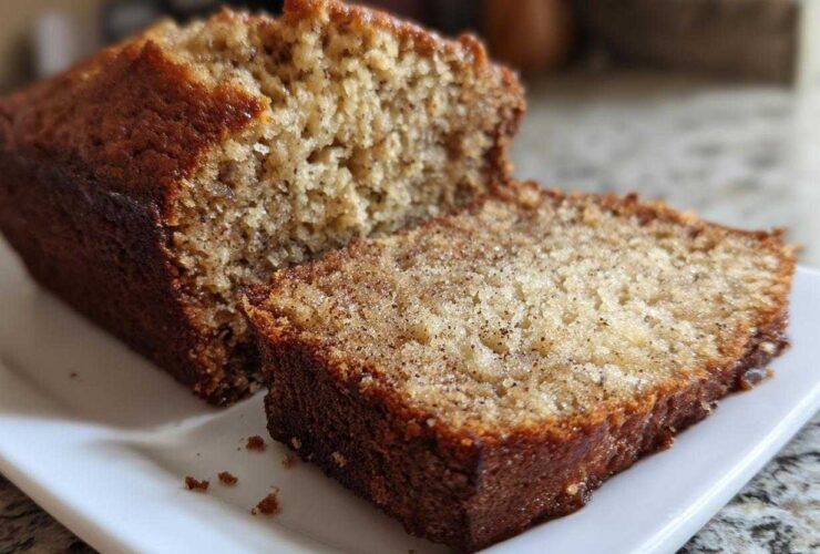 Close-up of a moist slice cut from a loaf of sugar free banana bread, showing its crumb texture.