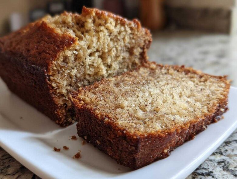 Close-up of a moist slice cut from a loaf of sugar free banana bread, showing its crumb texture.