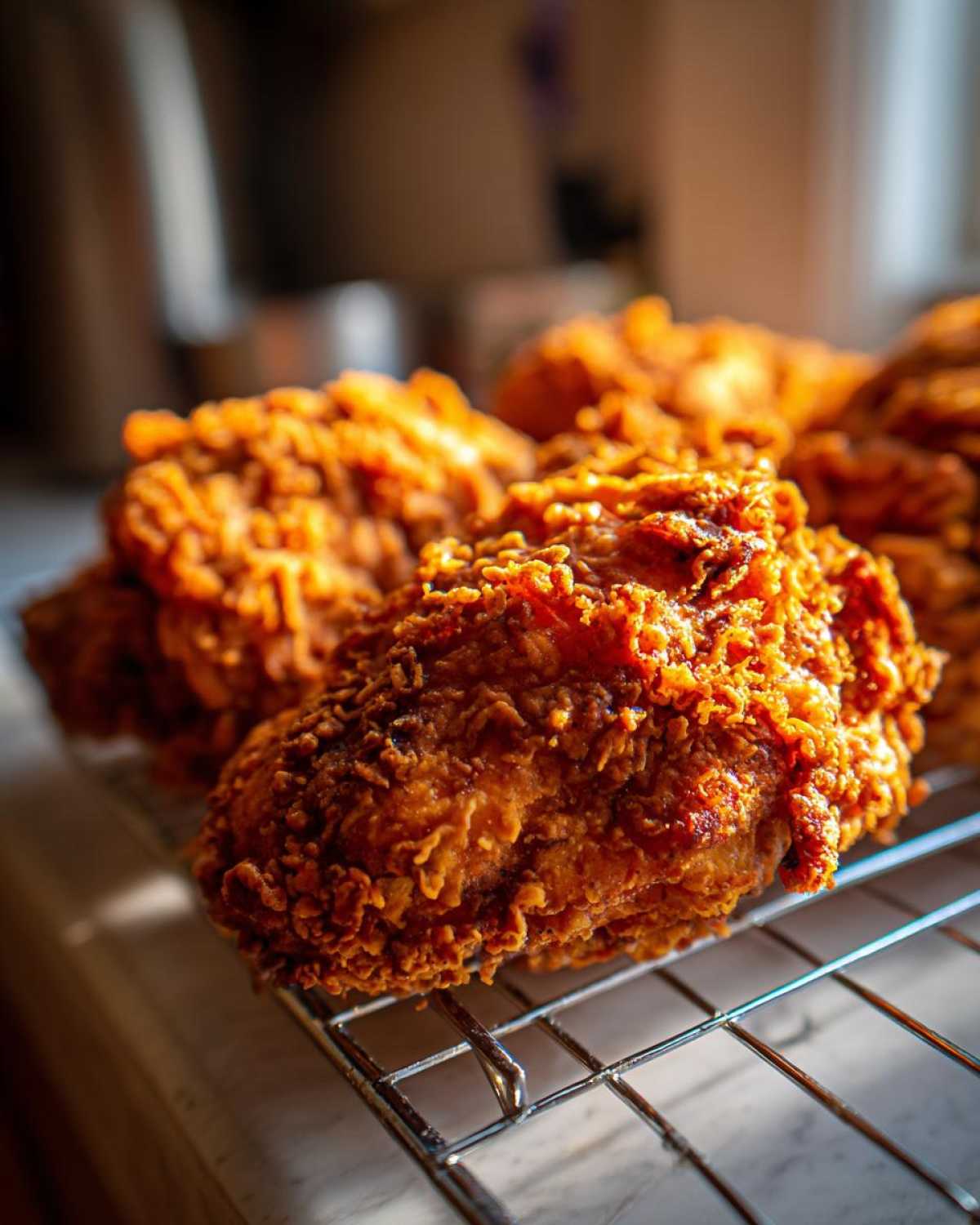 Close-up of golden brown, extra crispy fried chicken pieces resting on a wire cooling rack.