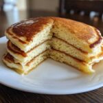 A tall stack of fluffy pancakes, cut to show the airy interior, drizzled with syrup.