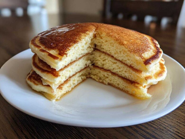 A tall stack of fluffy pancakes, cut to show the airy interior, drizzled with syrup.