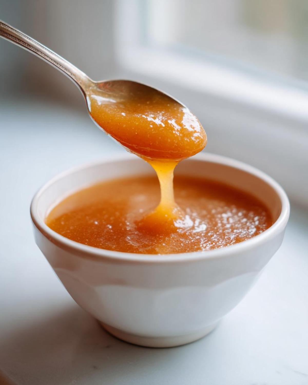 A spoonful of thick, homemade applesauce dripping back into a white bowl.