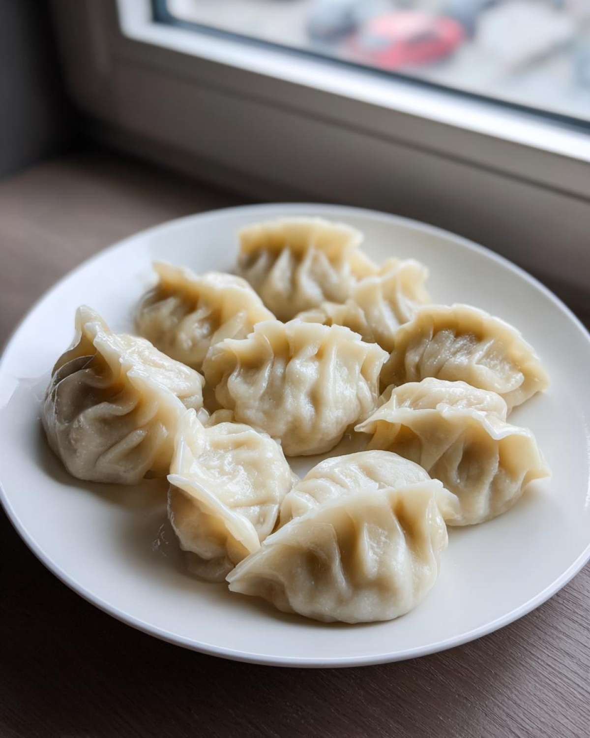 A plate of freshly steamed Traditional Chinese Dumplings with crimped edges, set near a window.