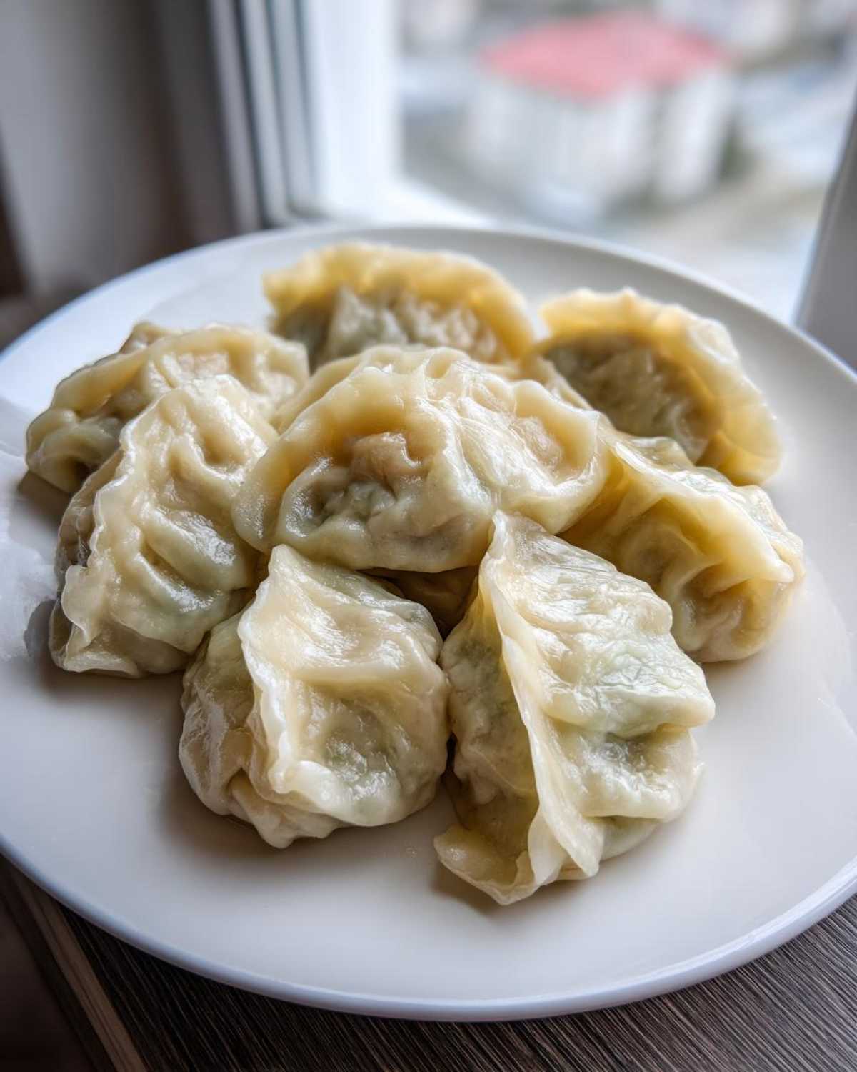 A plate of freshly steamed Traditional Chinese Dumplings with translucent wrappers, set near a window.