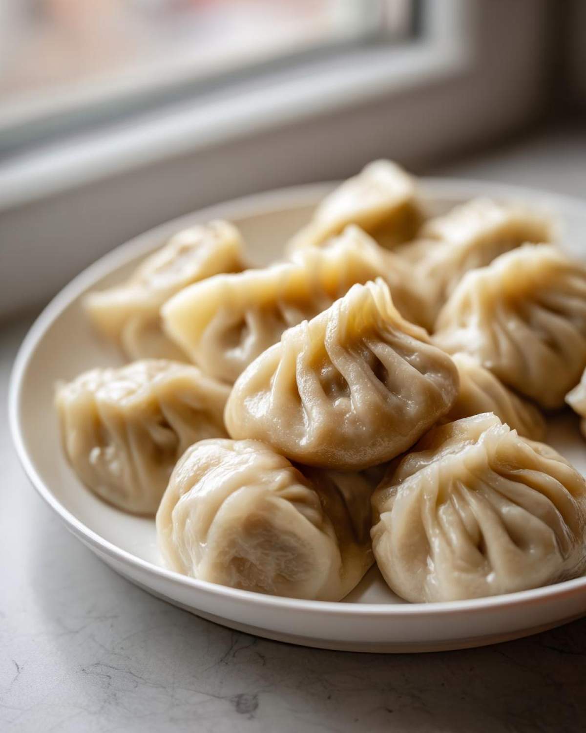 A plate piled high with freshly steamed Traditional Chinese Dumplings, showing their pleated tops.