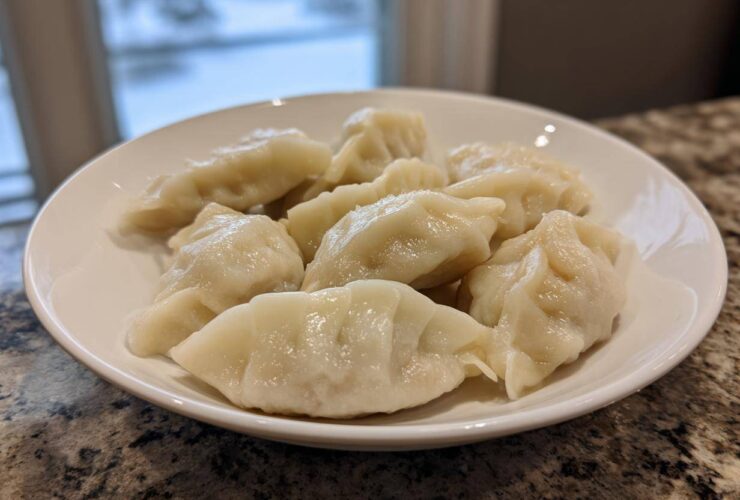 A white bowl filled with freshly steamed Traditional Chinese Dumplings sitting on a granite countertop.