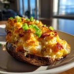 Close-up of a delicious twice baked potato loaded with cheesy filling, bacon bits, and fresh green onions.