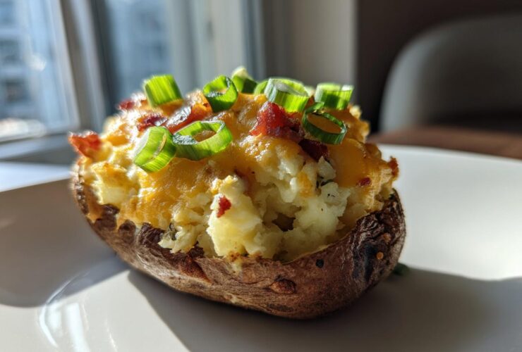 A close-up of a perfectly twice baked potato, stuffed with creamy filling, melted cheddar cheese, bacon bits, and topped with fresh green onions.