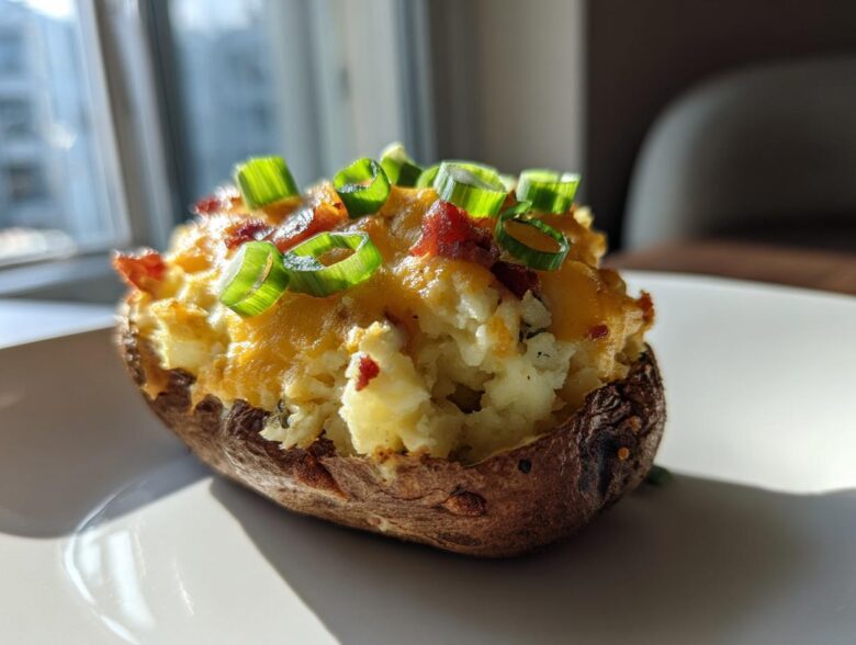 A close-up of a perfectly twice baked potato, stuffed with creamy filling, melted cheddar cheese, bacon bits, and topped with fresh green onions.
