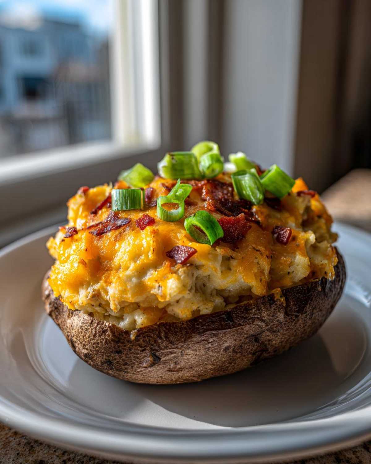 A close-up of a perfectly loaded twice baked potato topped with melted cheddar cheese, bacon bits, and green onions.