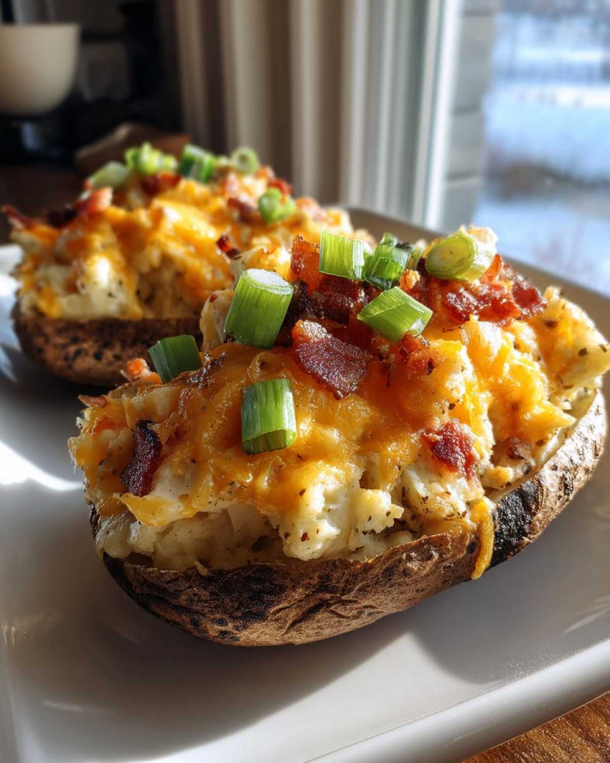 Close-up of a delicious twice baked potato stuffed with creamy filling, melted cheddar cheese, bacon bits, and green onions.