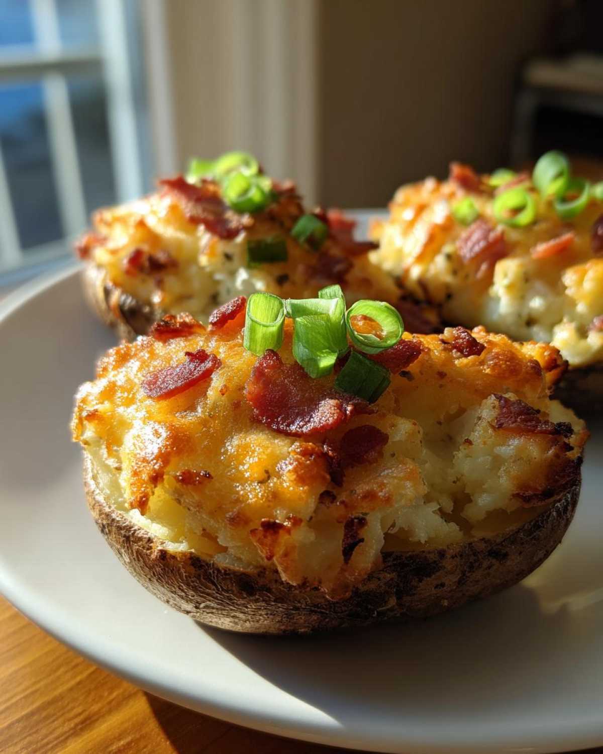 Close-up of three twice baked potatoes stuffed with cheesy filling, bacon bits, and green onions.