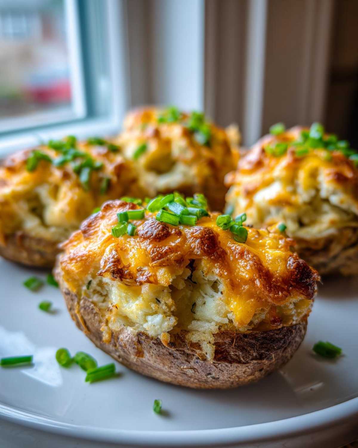 Four golden brown twice-baked potatoes topped with melted cheddar cheese and fresh chives on a white plate.